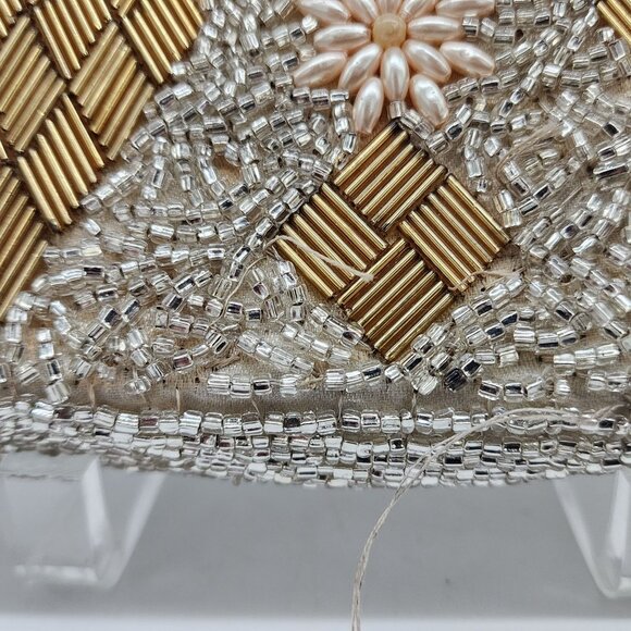 Vintage 1950's Silver Pearl Diamond Pattern Hand Beaded Evening Purse Clutch - Picture 5 of 12